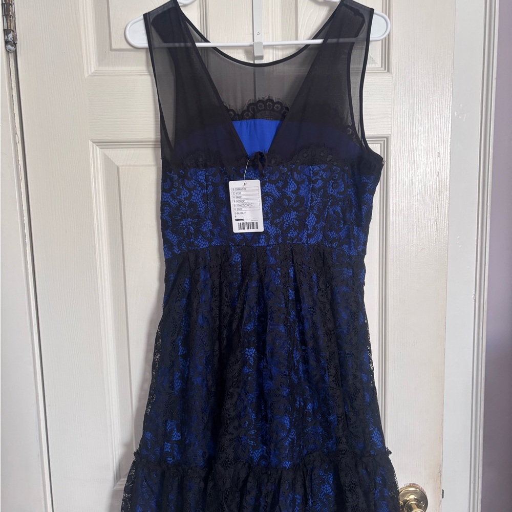 Sleeveless Black Lace Midi Dress with Royal Blue Lining